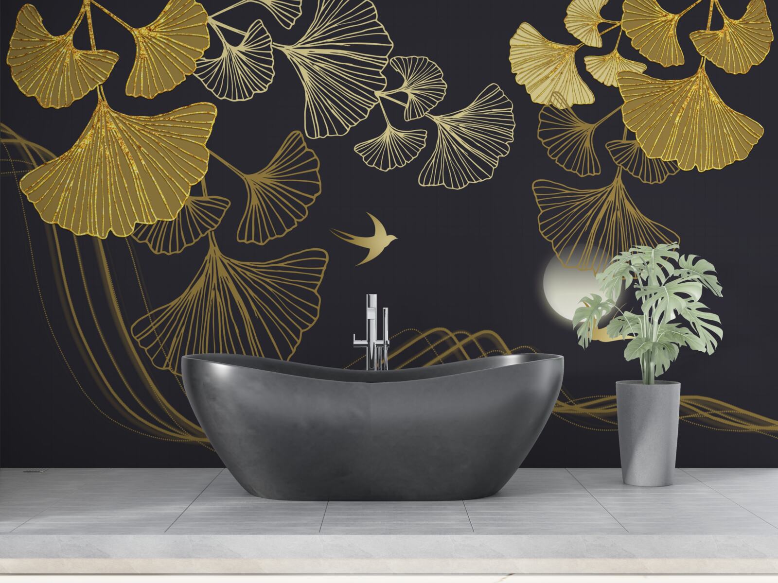 Fototapet frunze în nuanțe aurii și valuri marine