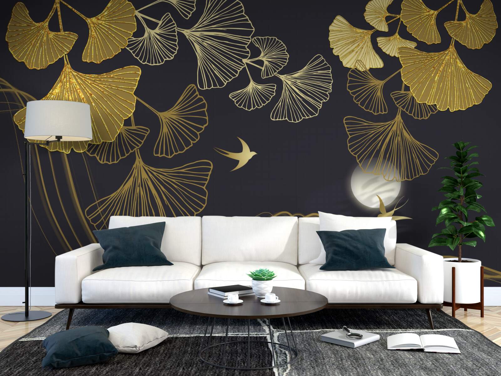 Fototapet frunze în nuanțe aurii și valuri marine