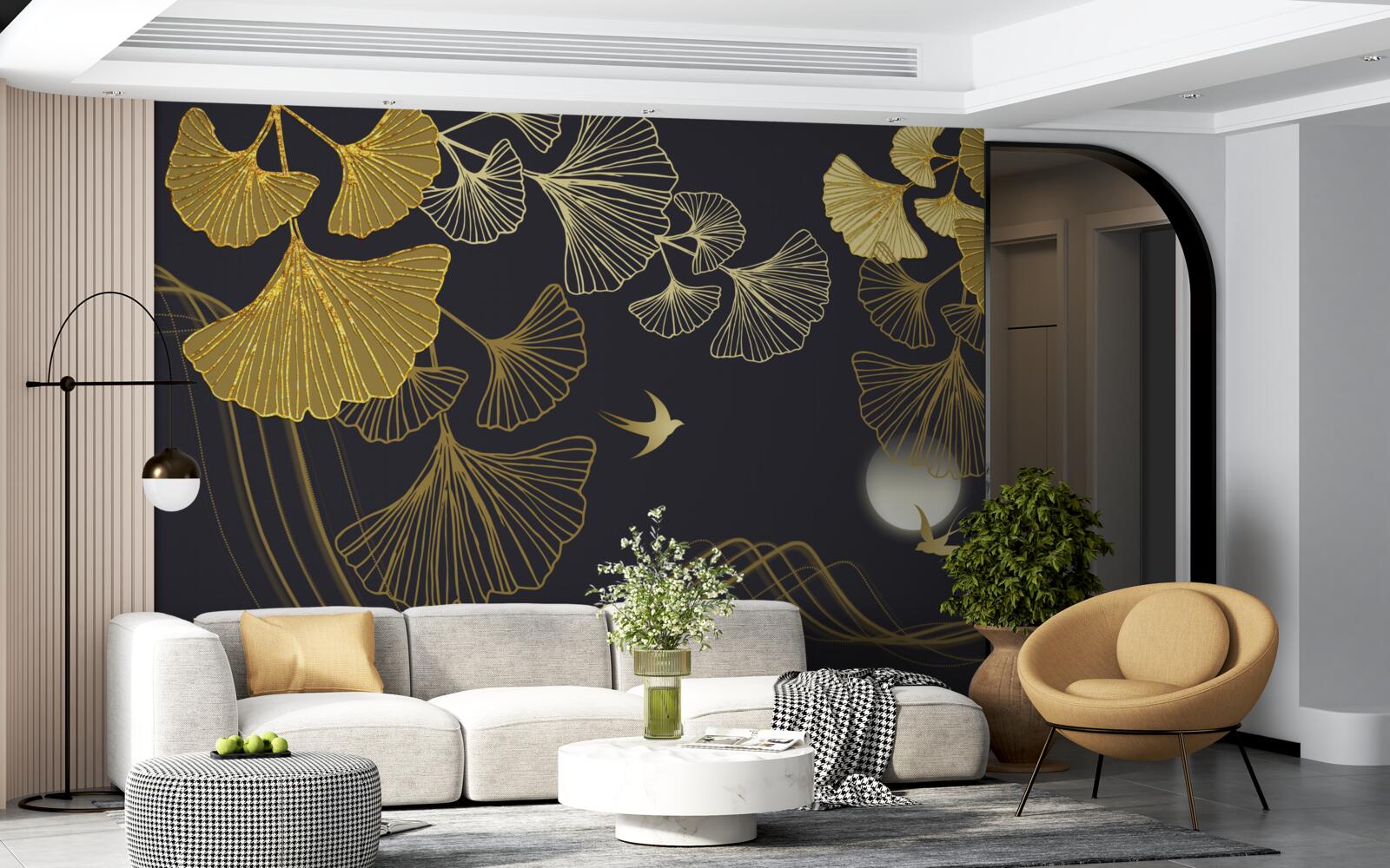 Fototapet frunze în nuanțe aurii și valuri marine