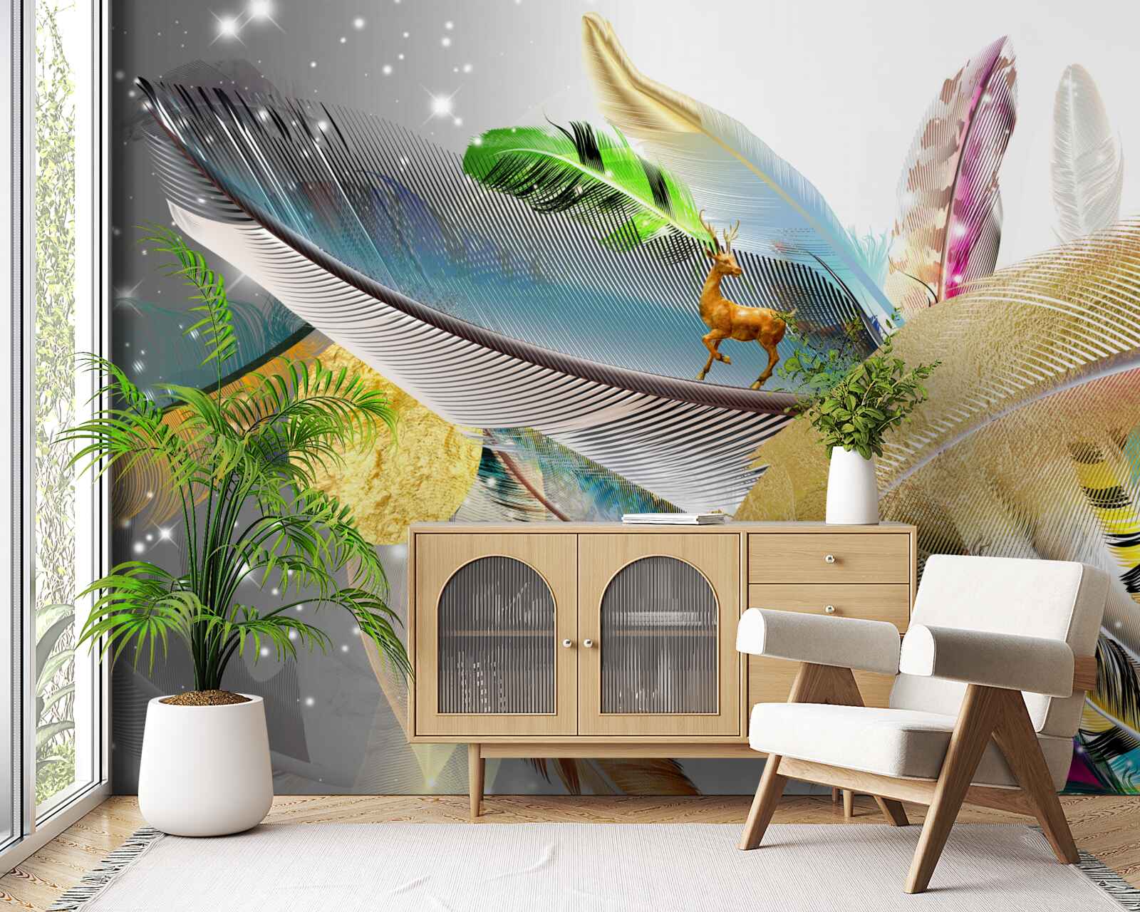 Fototapet printre penele strălucitoare este o căprioară