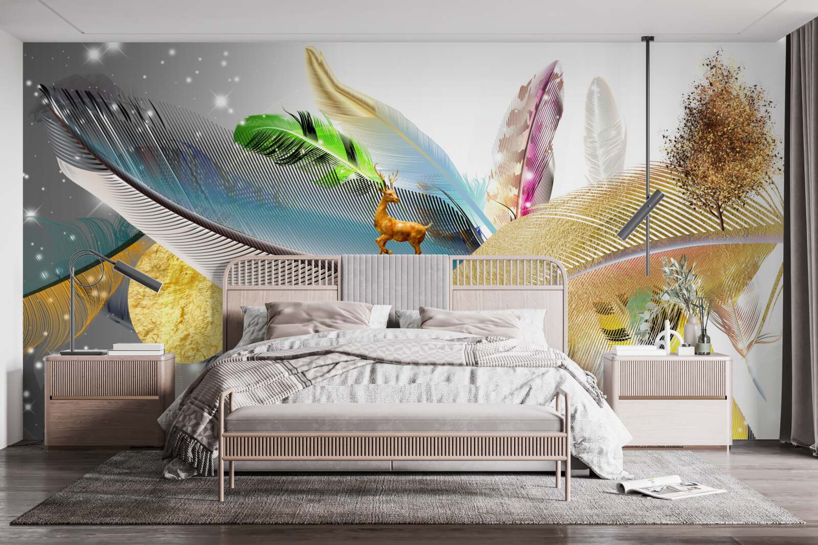 Fototapet printre penele strălucitoare este o căprioară