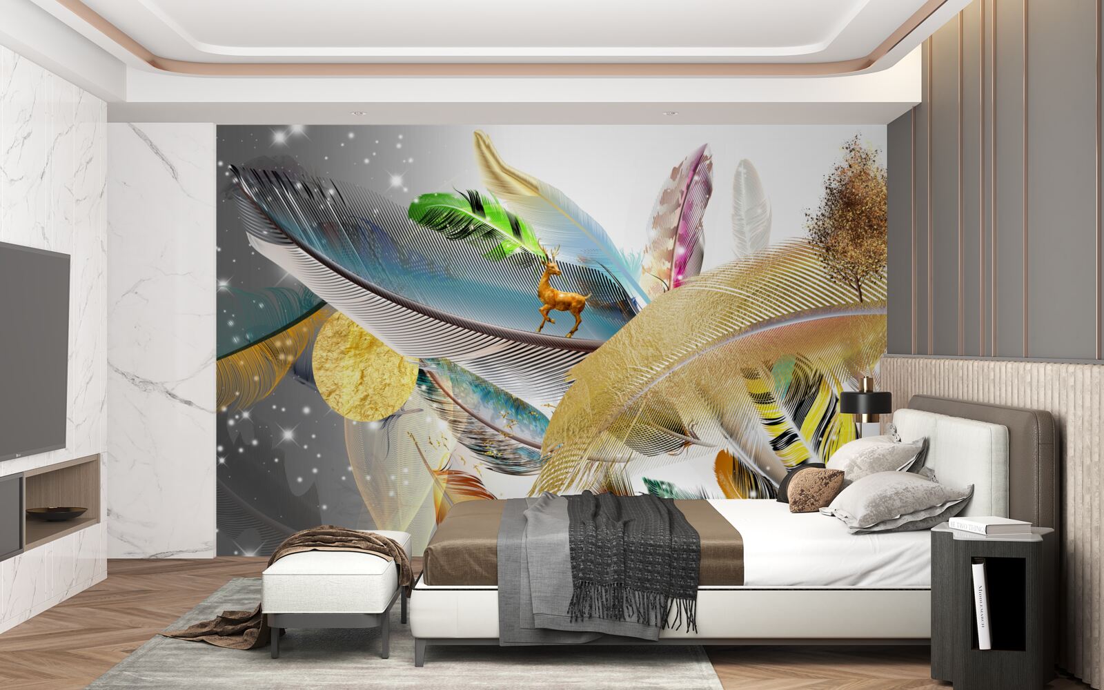 Fototapet printre penele strălucitoare este o căprioară