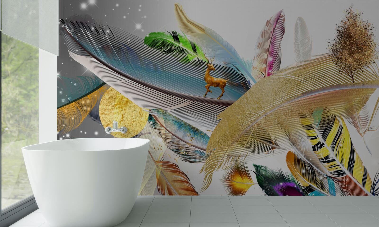 Fototapet printre penele strălucitoare este o căprioară