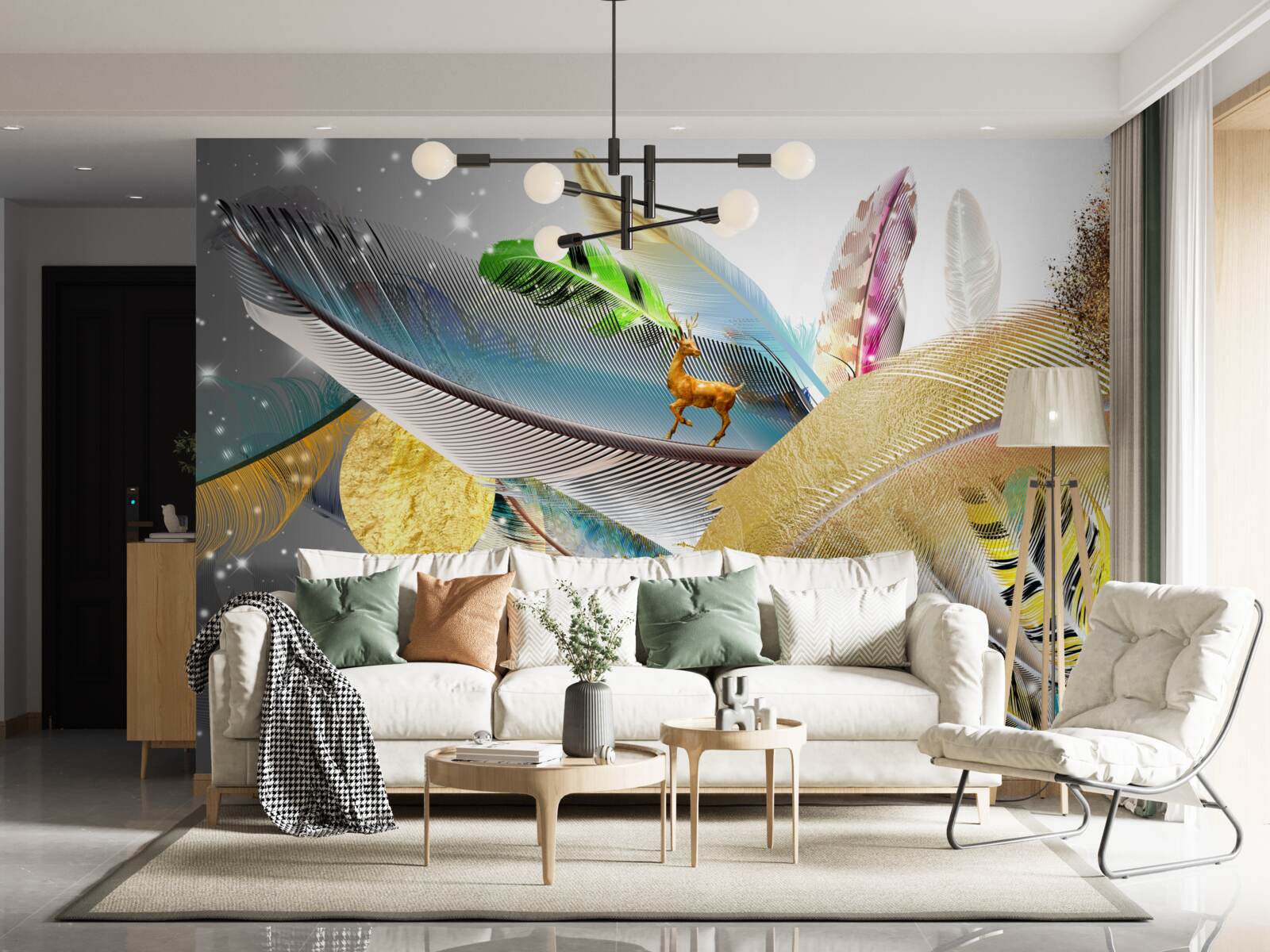 Fototapet printre penele strălucitoare este o căprioară