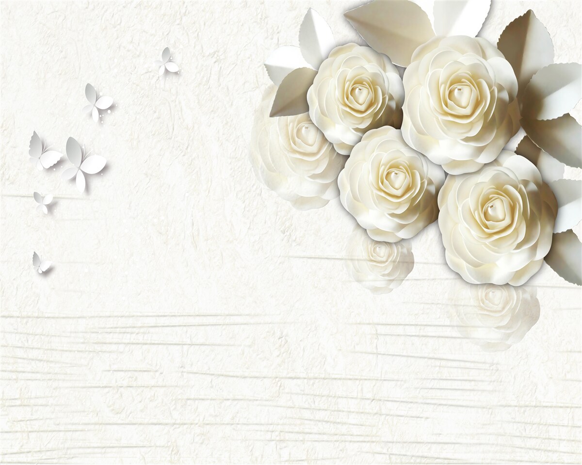 Fototapet fluturi și trandafiri albi ca zăpada