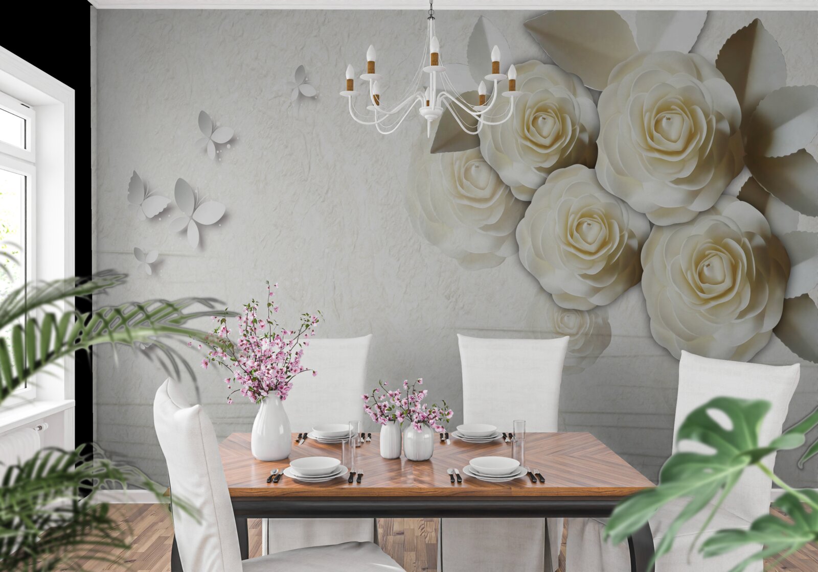 Fototapet fluturi și trandafiri albi ca zăpada