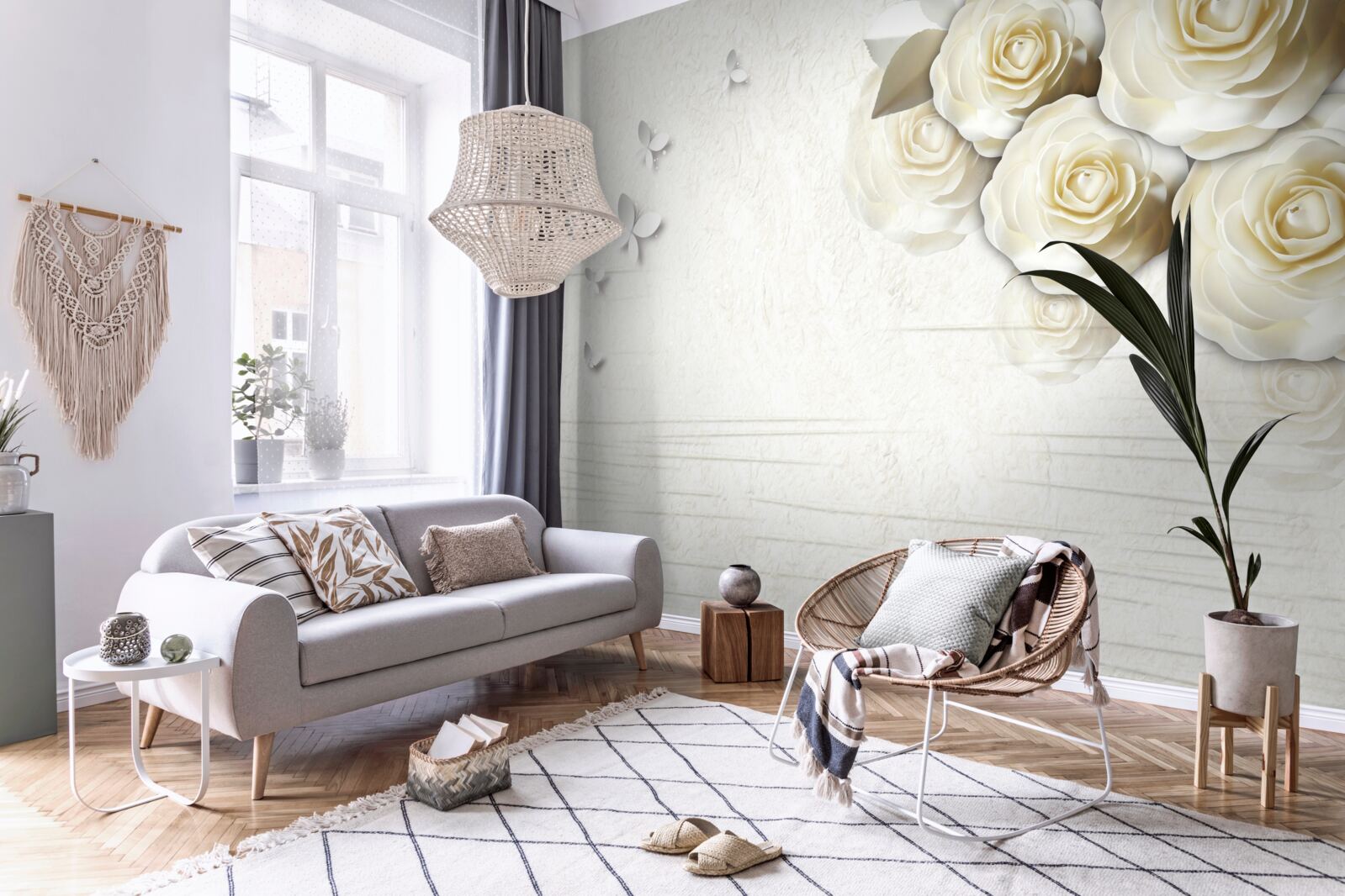 Fototapet fluturi și trandafiri albi ca zăpada