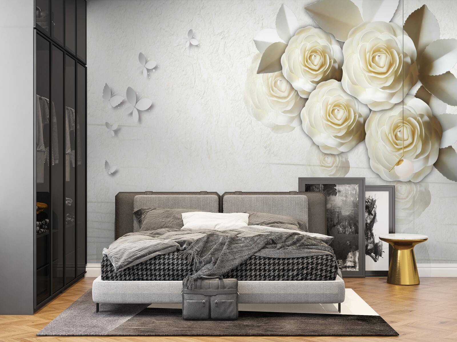 Fototapet fluturi și trandafiri albi ca zăpada