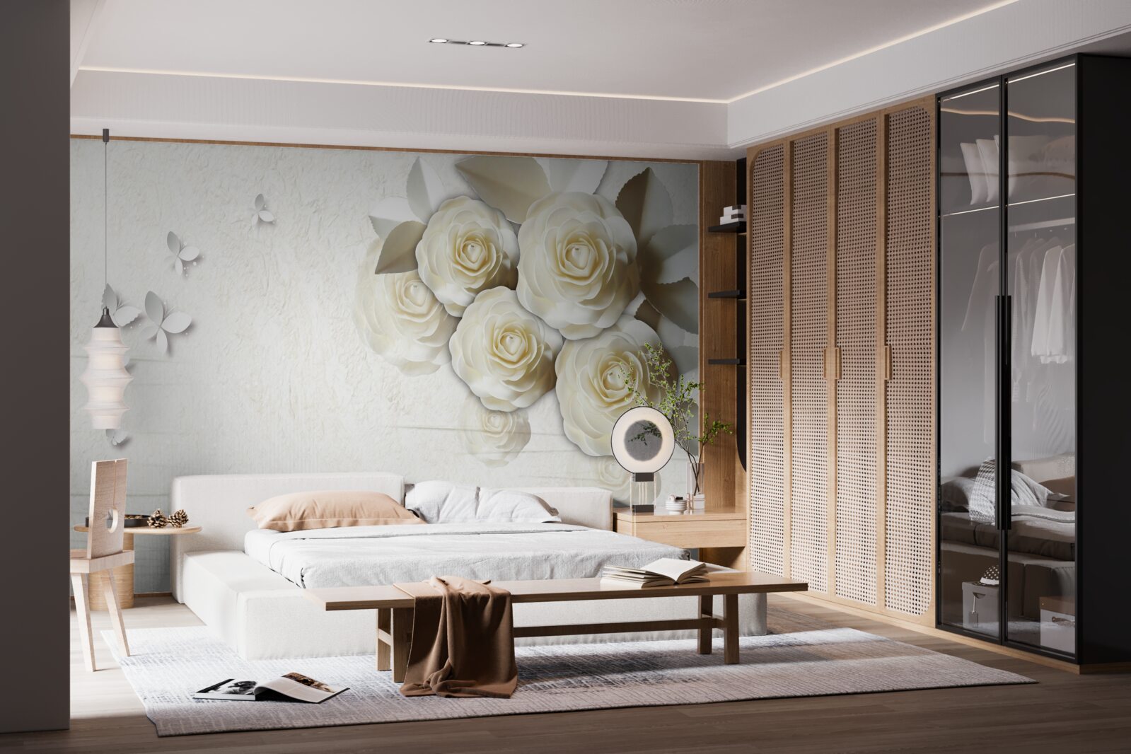 Fototapet fluturi și trandafiri albi ca zăpada