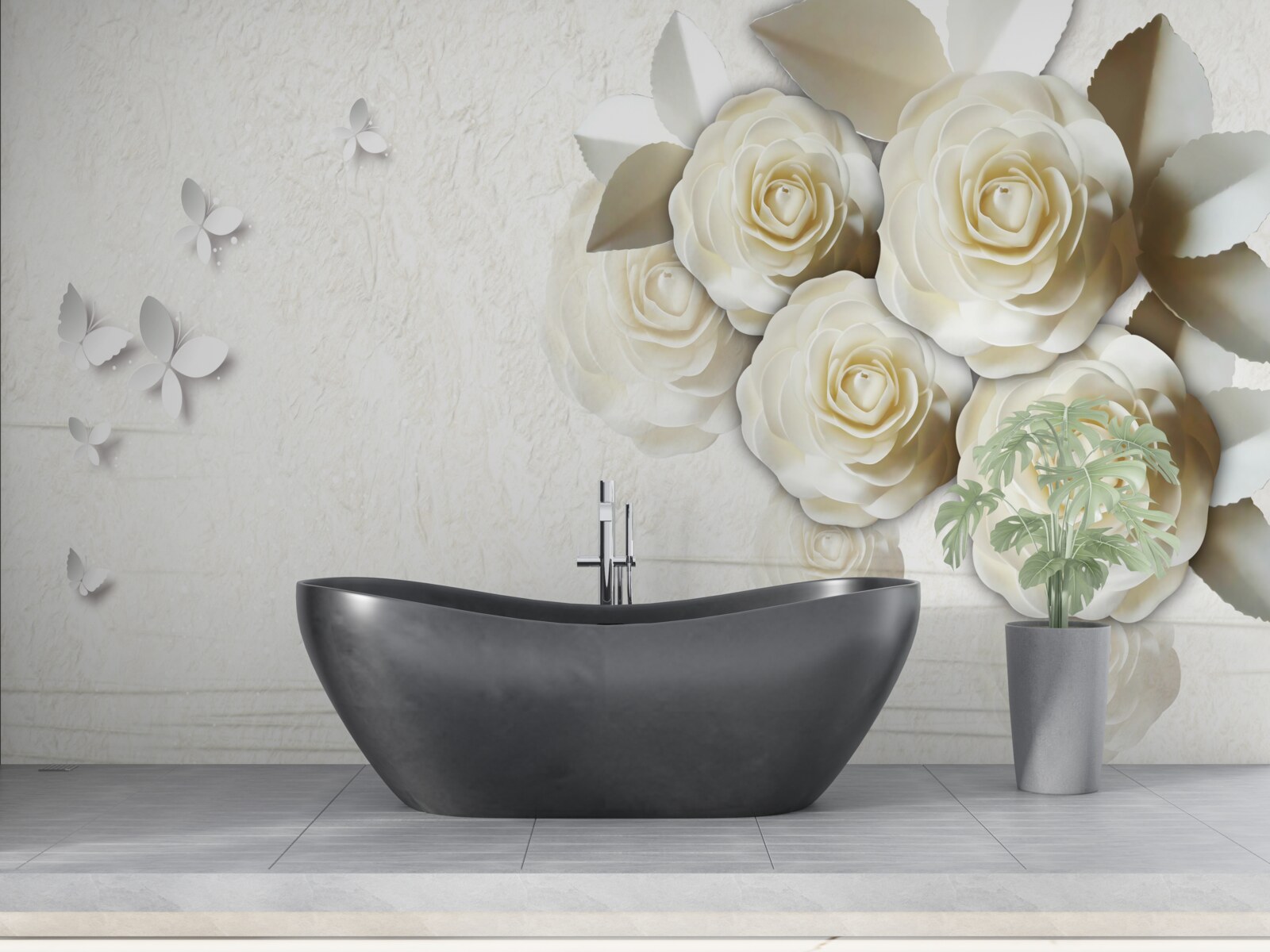 Fototapet fluturi și trandafiri albi ca zăpada