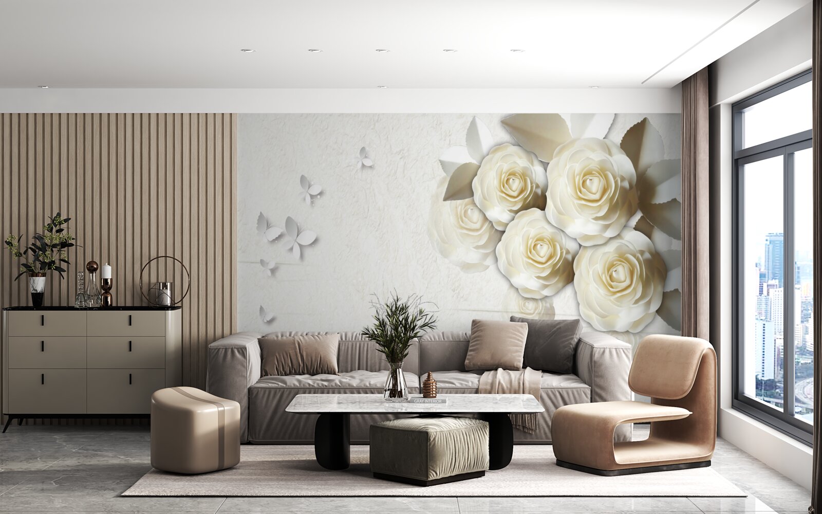 Fototapet fluturi și trandafiri albi ca zăpada