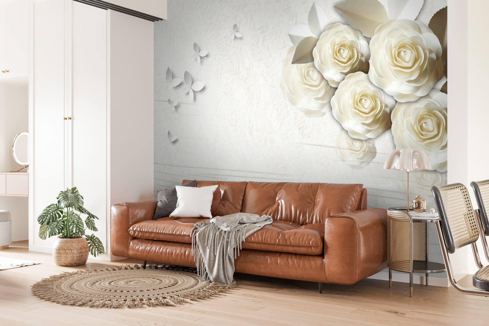 Fototapet fluturi și trandafiri albi ca zăpada