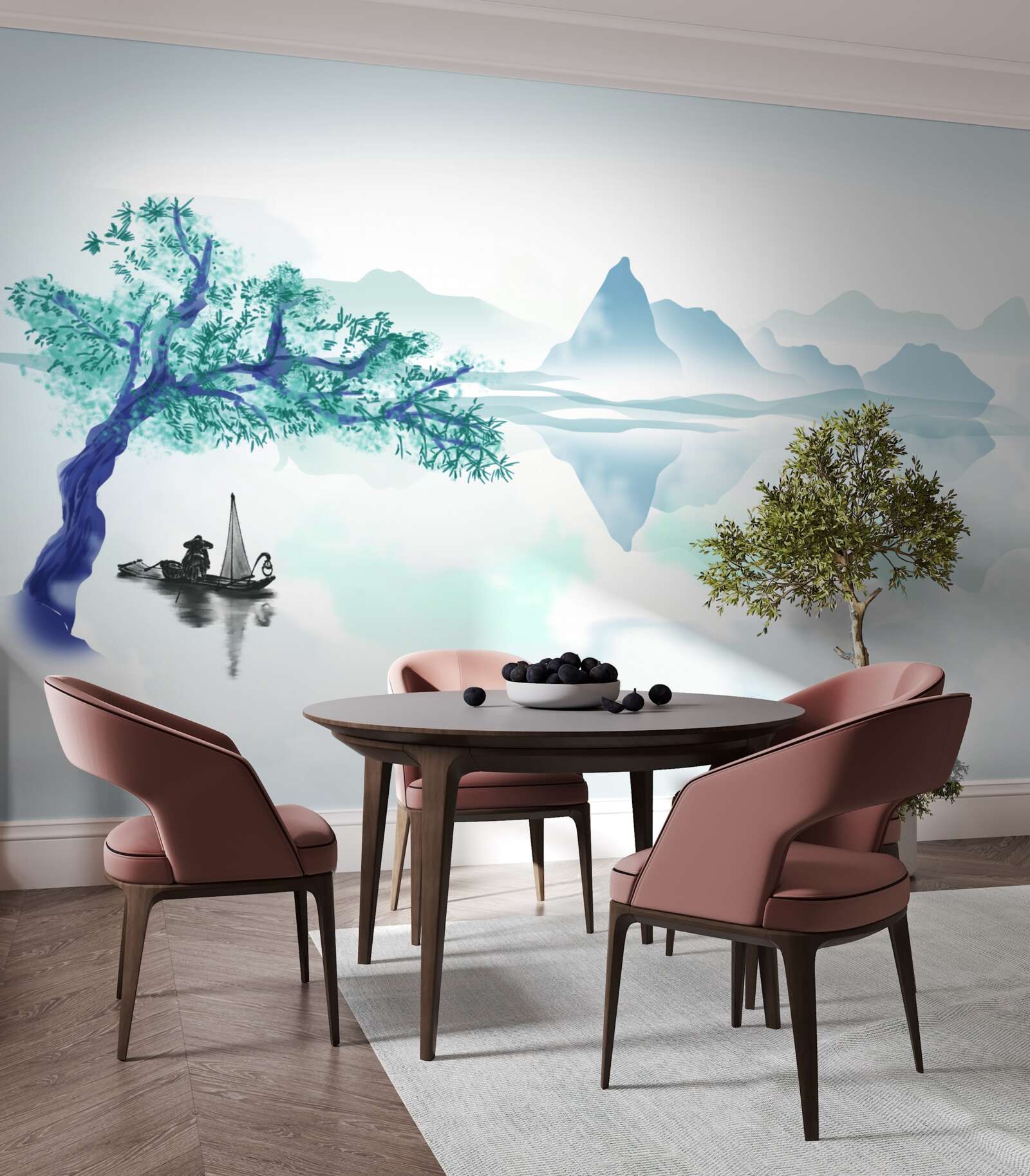 Fototapet un pescar singuratic lângă un trunchi de copac pe malul unui lac de acumulare