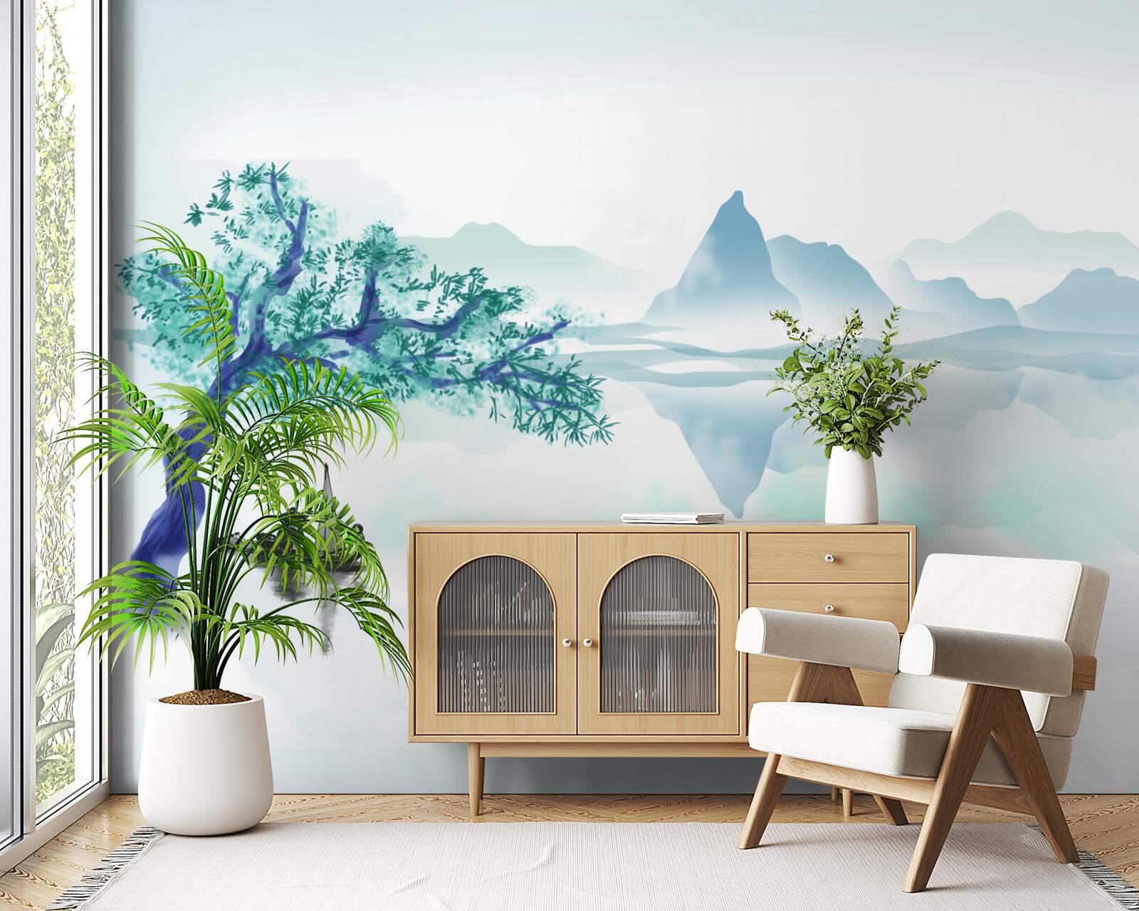 Fototapet un pescar singuratic lângă un trunchi de copac pe malul unui lac de acumulare