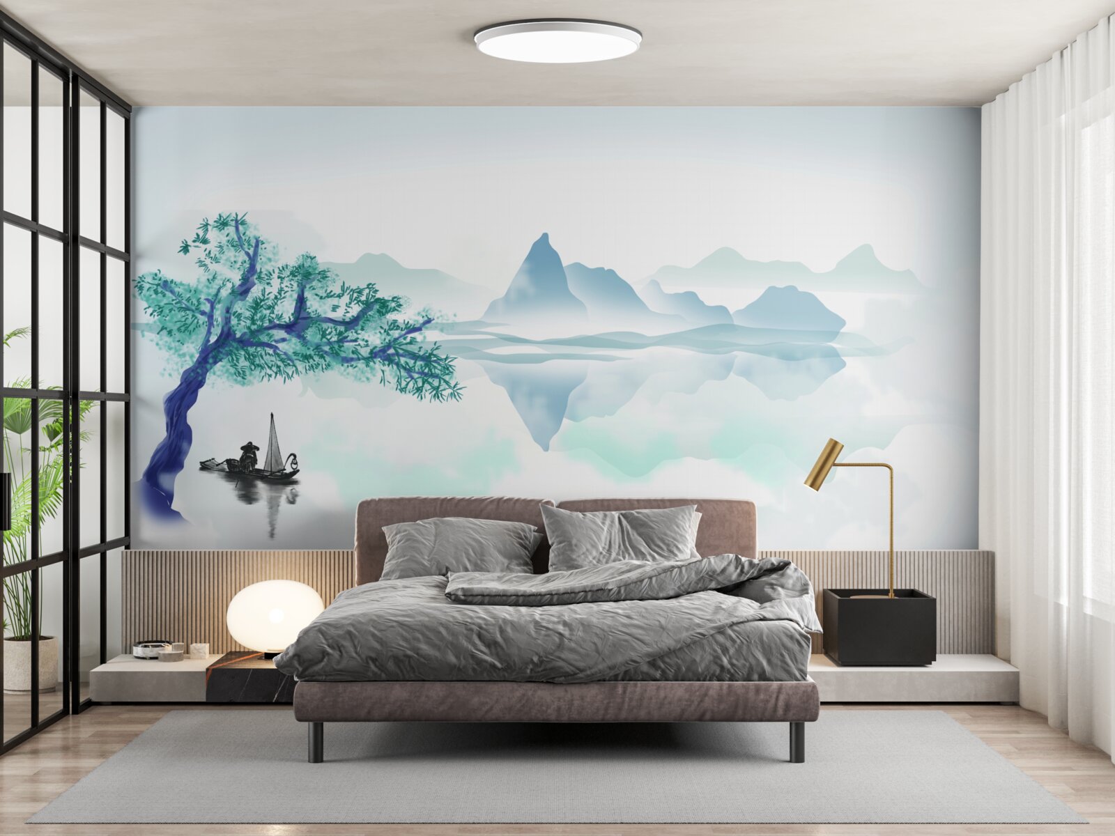 Fototapet un pescar singuratic lângă un trunchi de copac pe malul unui lac de acumulare