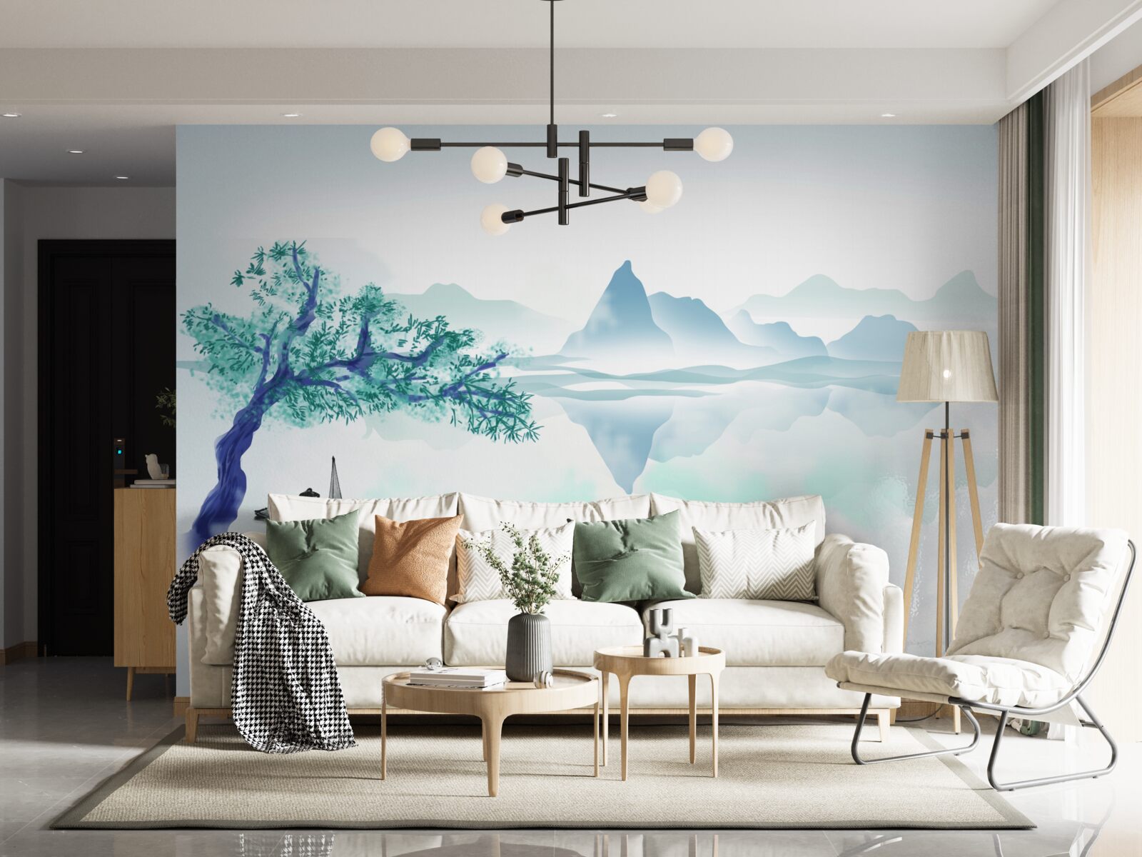 Fototapet un pescar singuratic lângă un trunchi de copac pe malul unui lac de acumulare