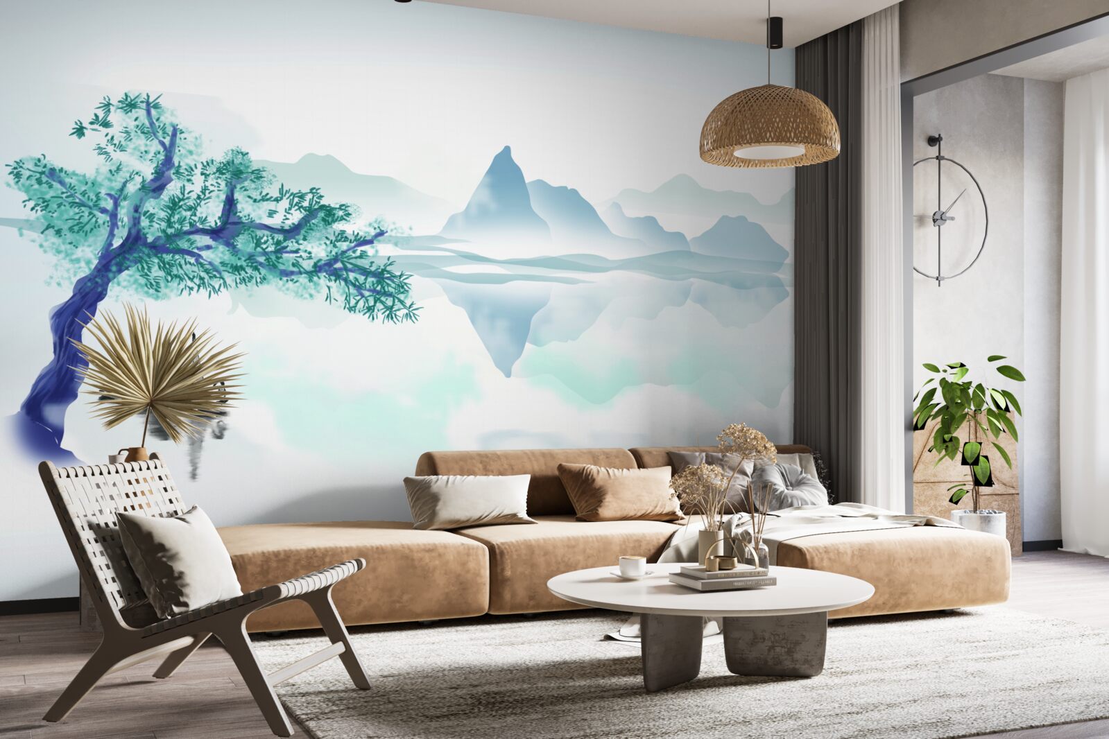 Fototapet un pescar singuratic lângă un trunchi de copac pe malul unui lac de acumulare