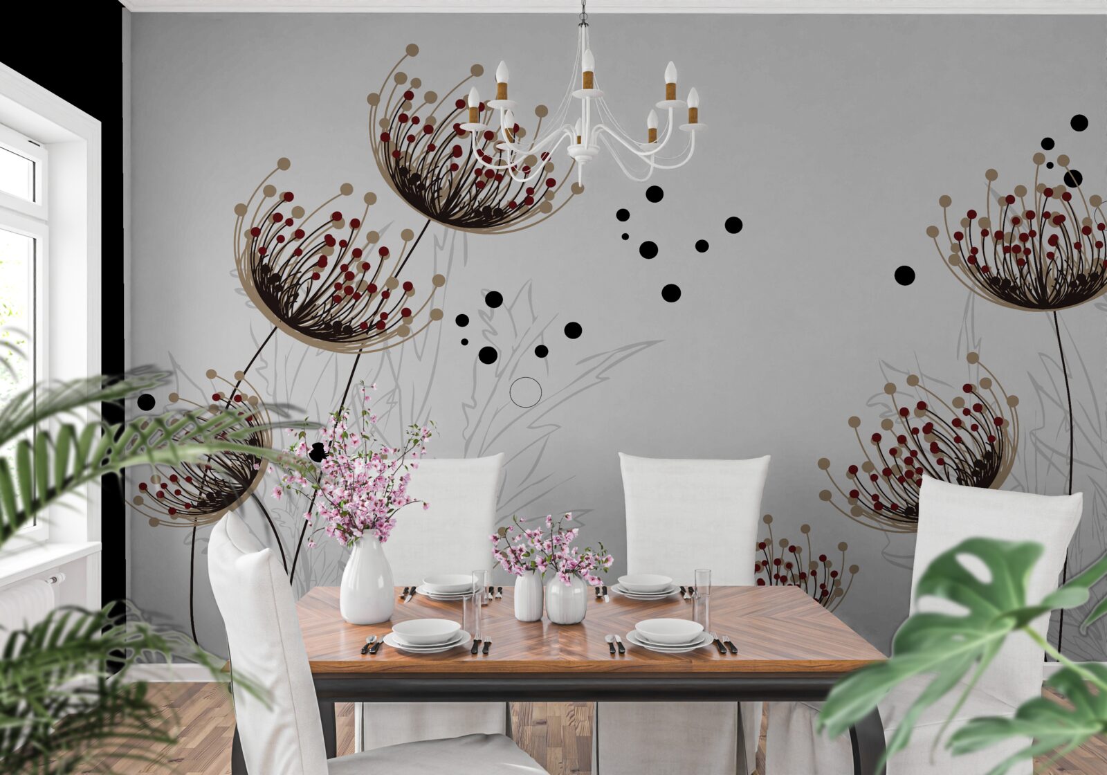 Fototapet fundal alb decorat cu păpădii