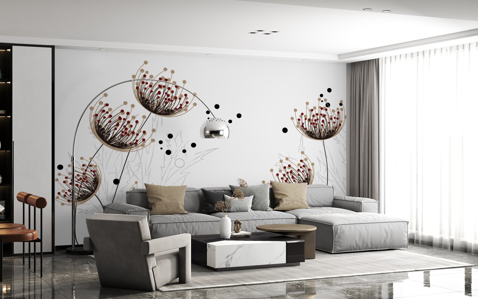 Fototapet fundal alb decorat cu păpădii