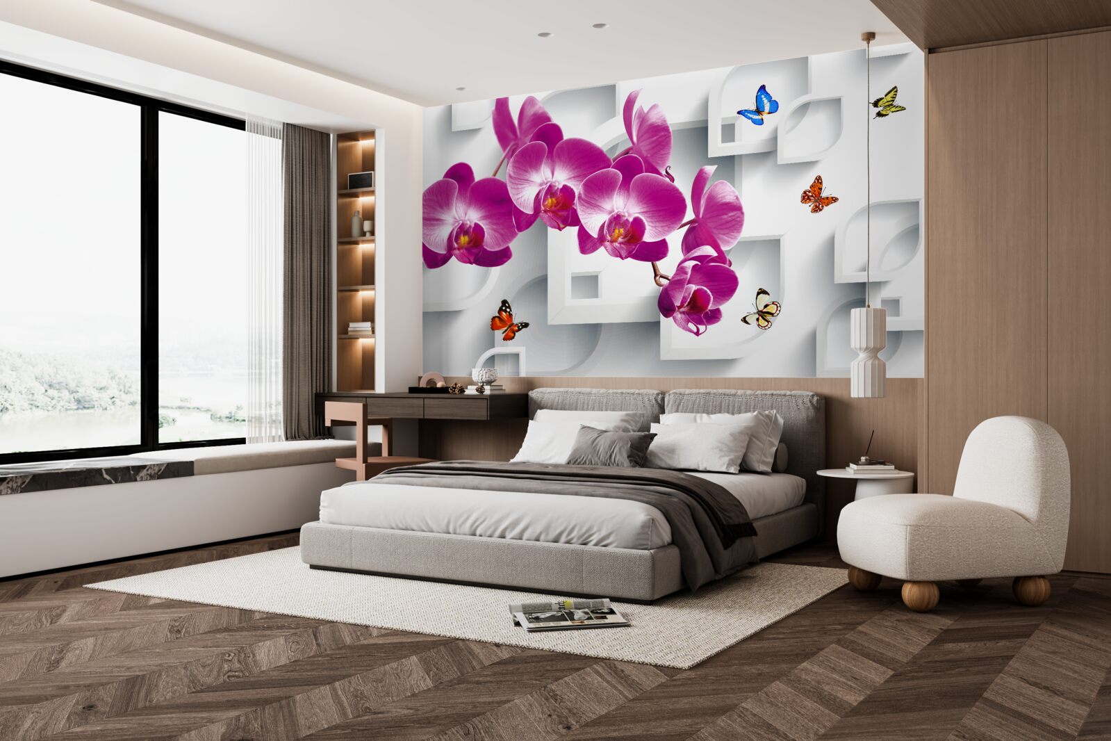 Fototapet orhidee liliac decorată cu fluturi