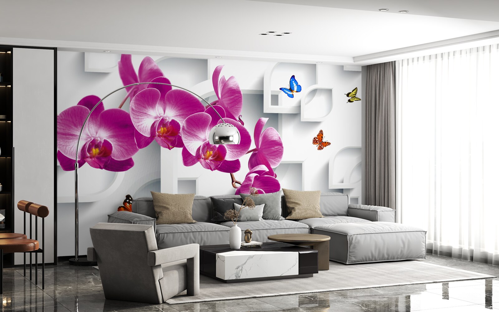 Fototapet orhidee liliac decorată cu fluturi