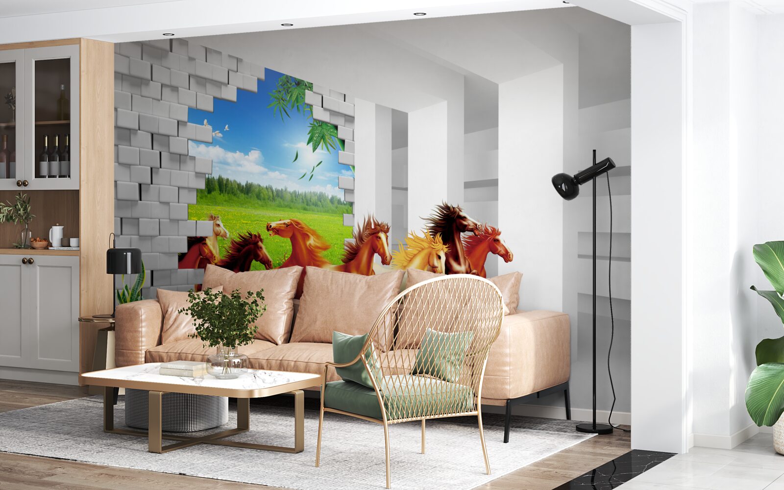 Fototapet reprezentanți ai diferitelor rase de cai se grăbesc să iasă de pe pajiște