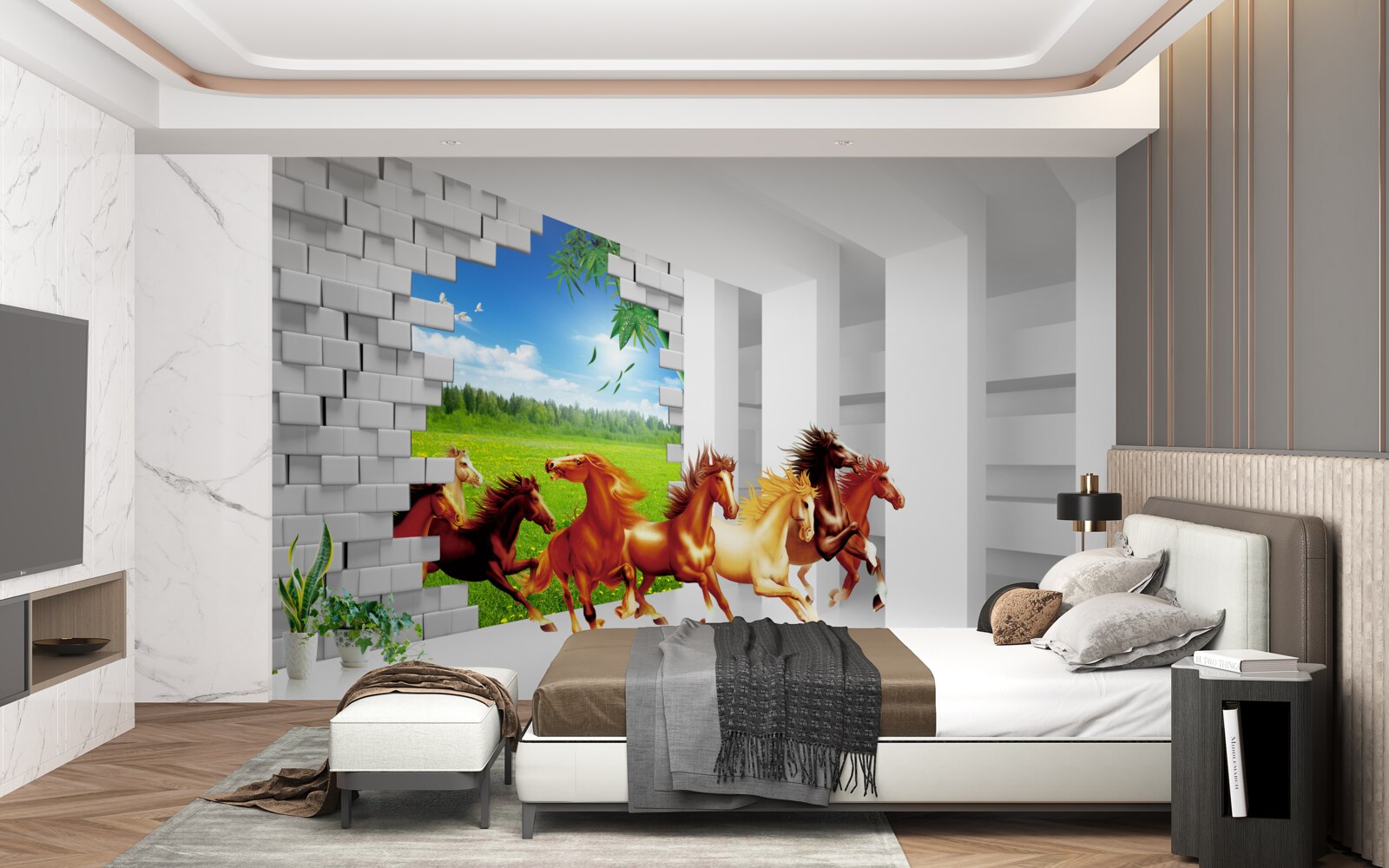 Fototapet reprezentanți ai diferitelor rase de cai se grăbesc să iasă de pe pajiște