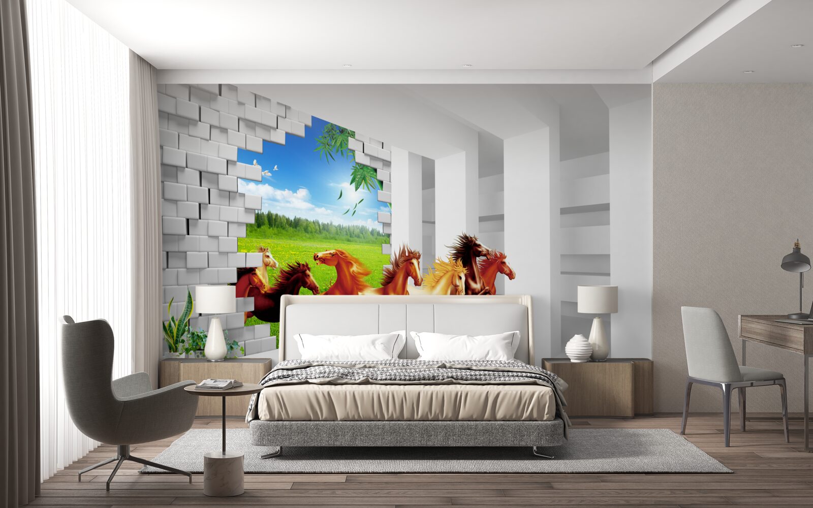 Fototapet reprezentanți ai diferitelor rase de cai se grăbesc să iasă de pe pajiște