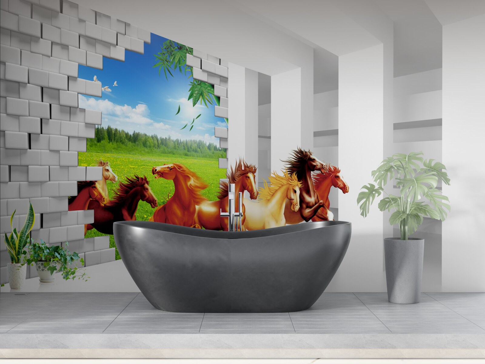 Fototapet reprezentanți ai diferitelor rase de cai se grăbesc să iasă de pe pajiște