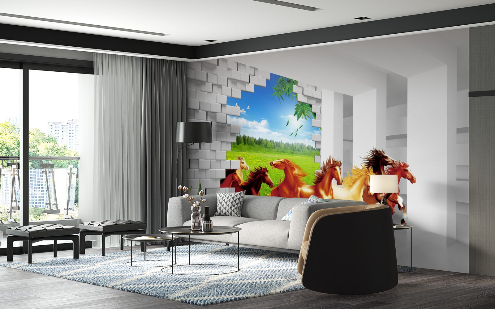 Fototapet reprezentanți ai diferitelor rase de cai se grăbesc să iasă de pe pajiște