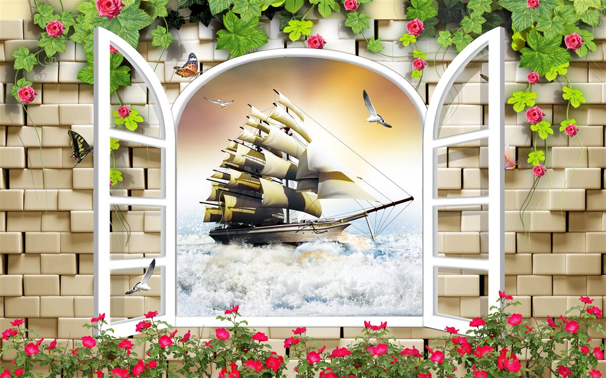 Fototapet fereastră cu vedere panoramică a bărcii cu pânze