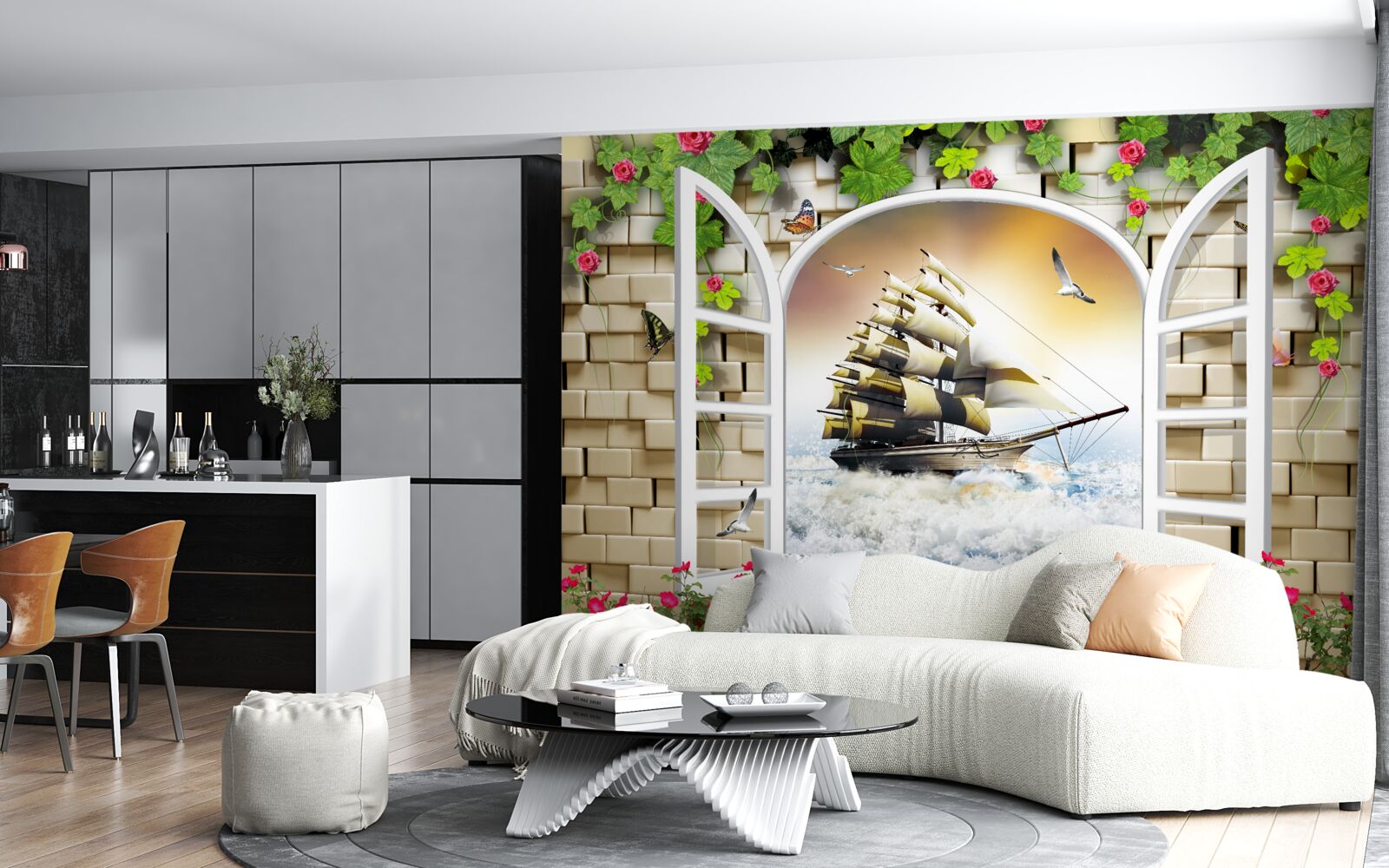 Fototapet fereastră cu vedere panoramică a bărcii cu pânze