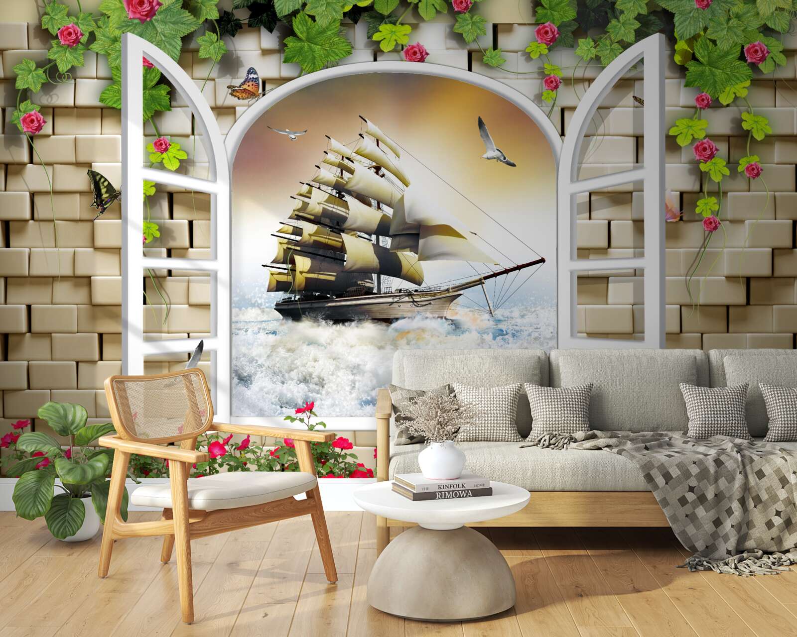 Fototapet fereastră cu vedere panoramică a bărcii cu pânze