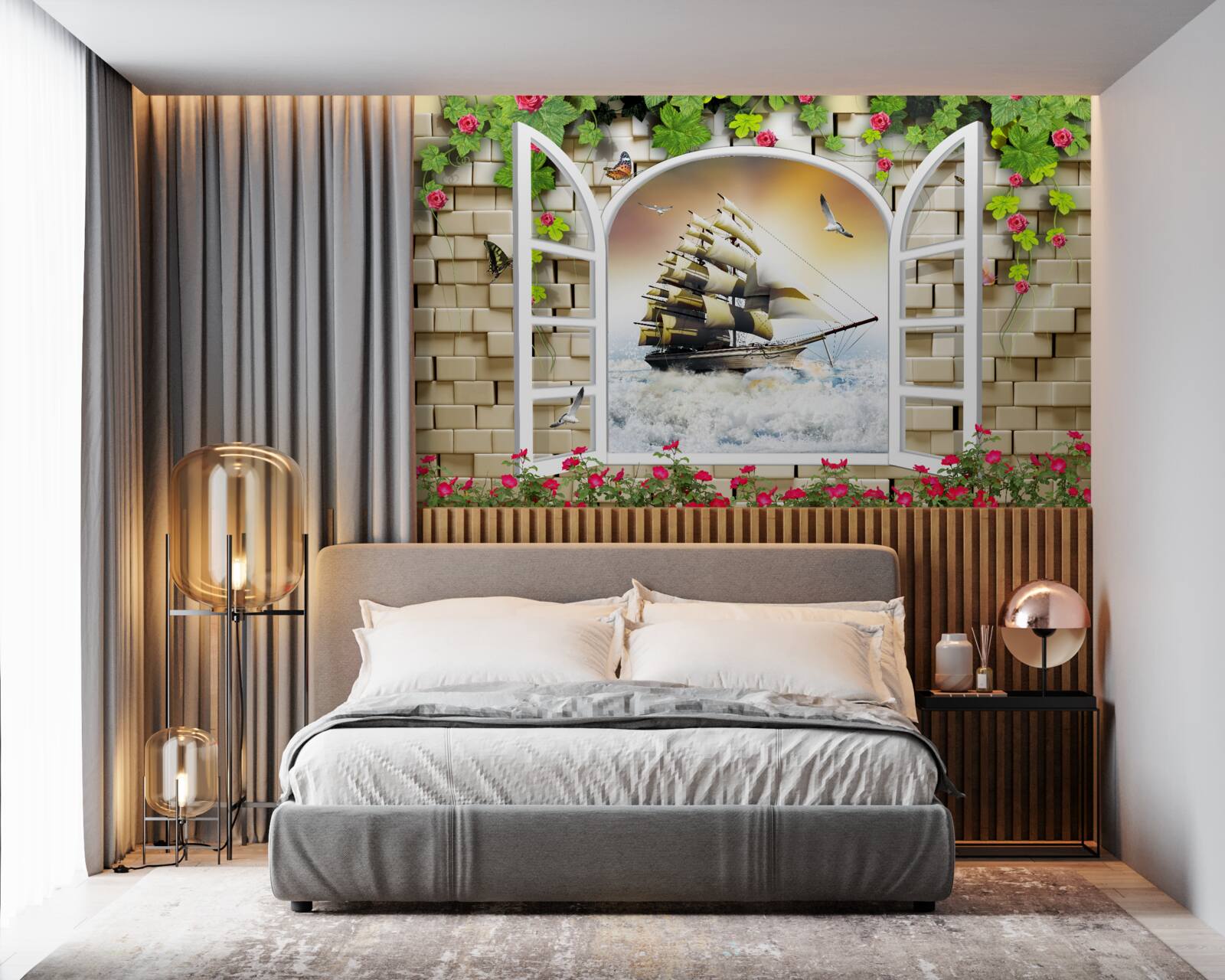 Fototapet fereastră cu vedere panoramică a bărcii cu pânze