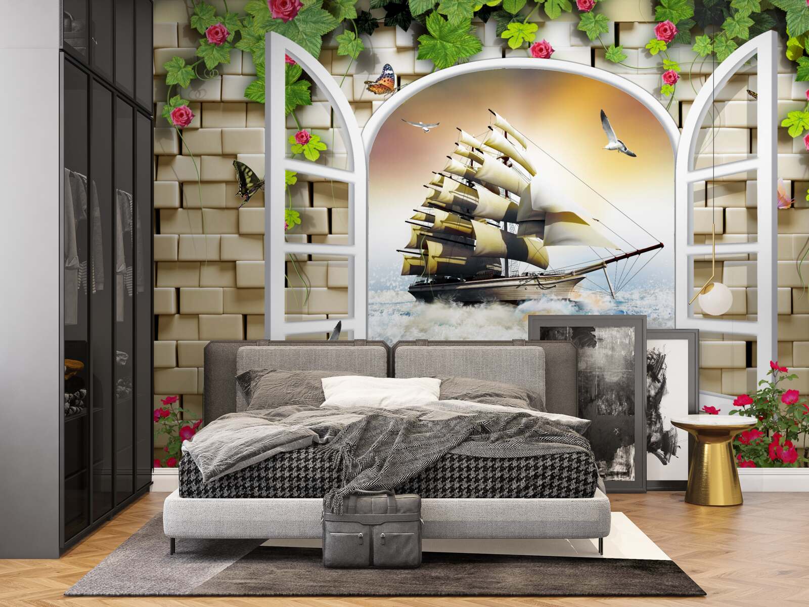 Fototapet fereastră cu vedere panoramică a bărcii cu pânze