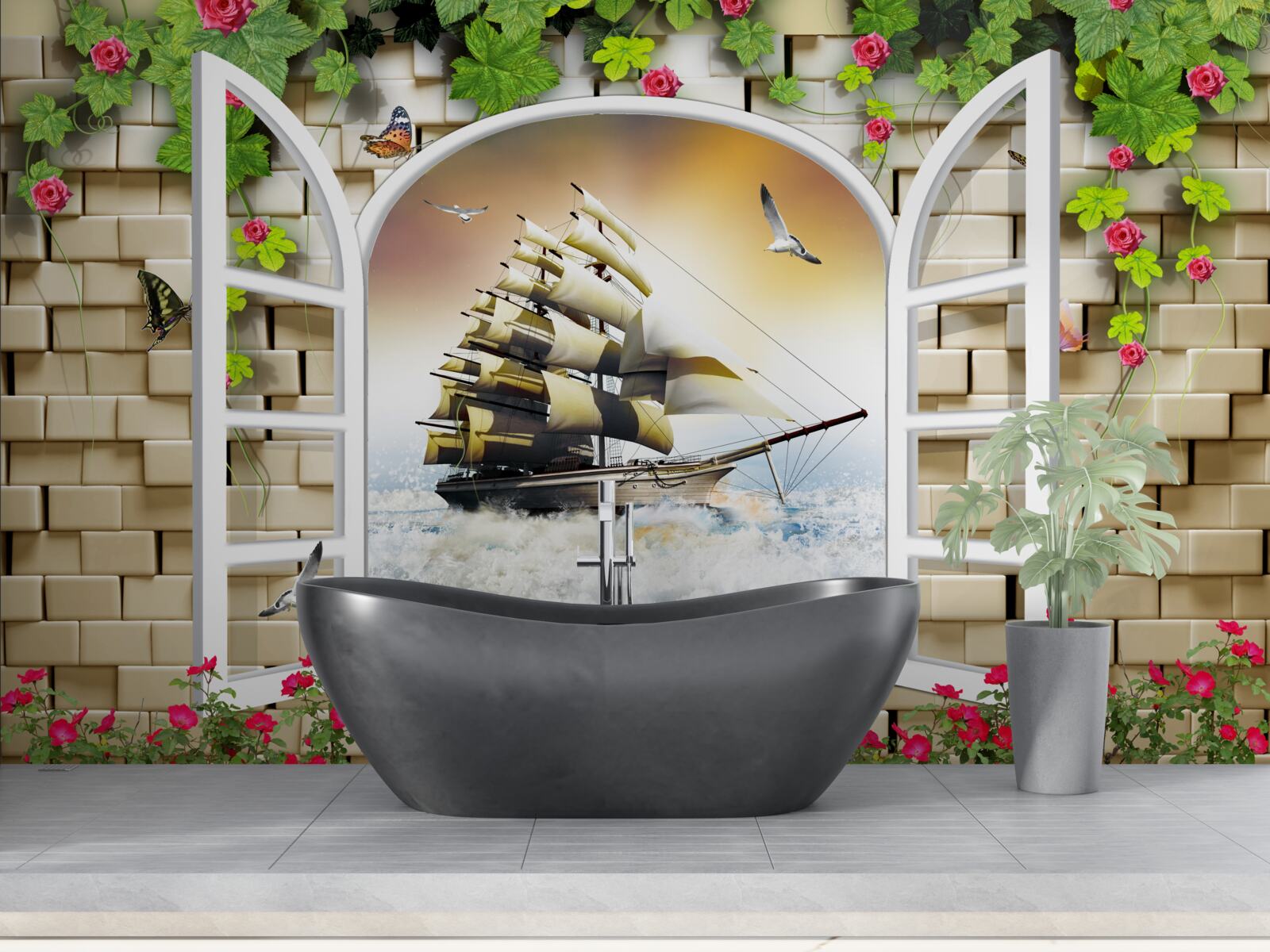 Fototapet fereastră cu vedere panoramică a bărcii cu pânze