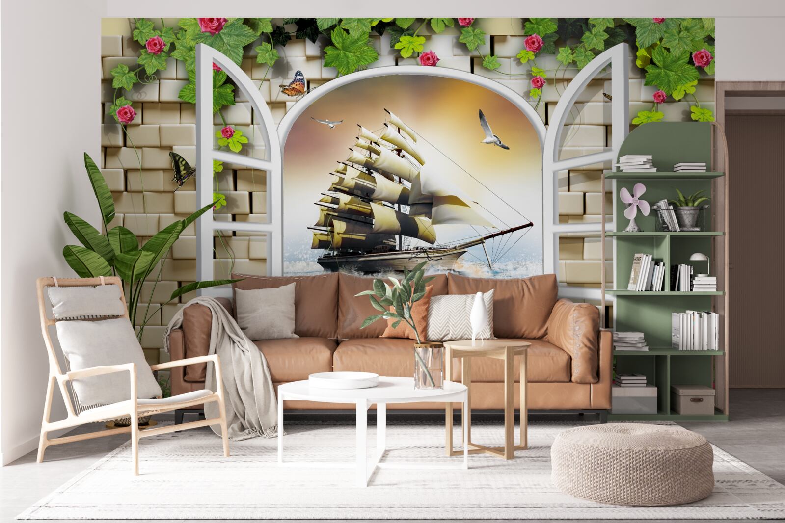 Fototapet fereastră cu vedere panoramică a bărcii cu pânze