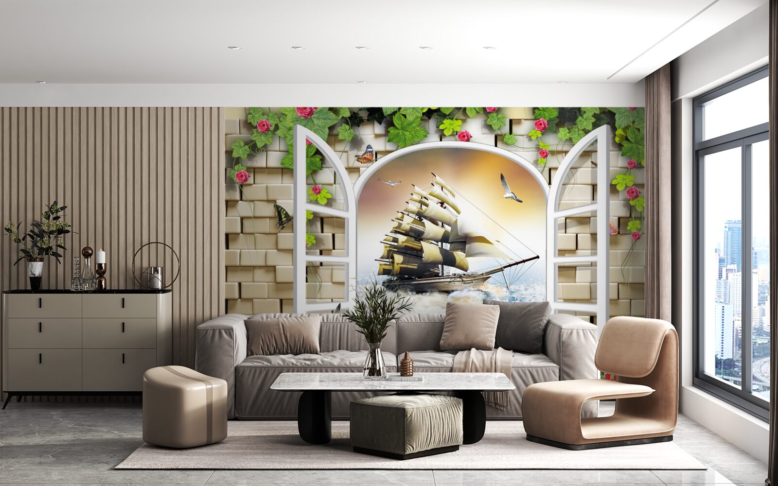 Fototapet fereastră cu vedere panoramică a bărcii cu pânze