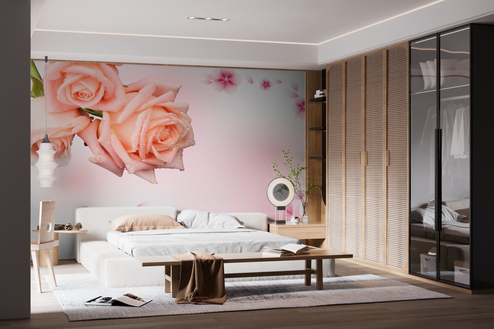 Fototapet flori roz pe un fundal de aceeași culoare