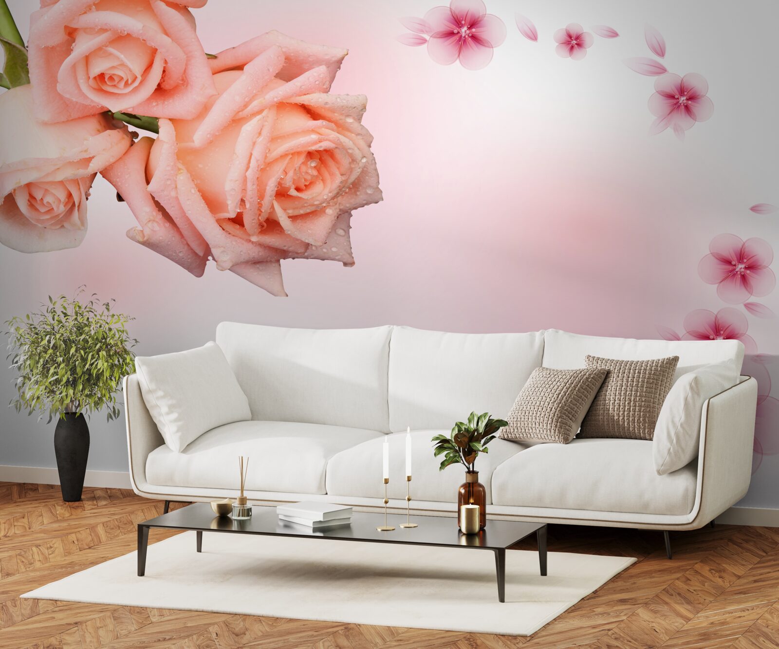 Fototapet flori roz pe un fundal de aceeași culoare