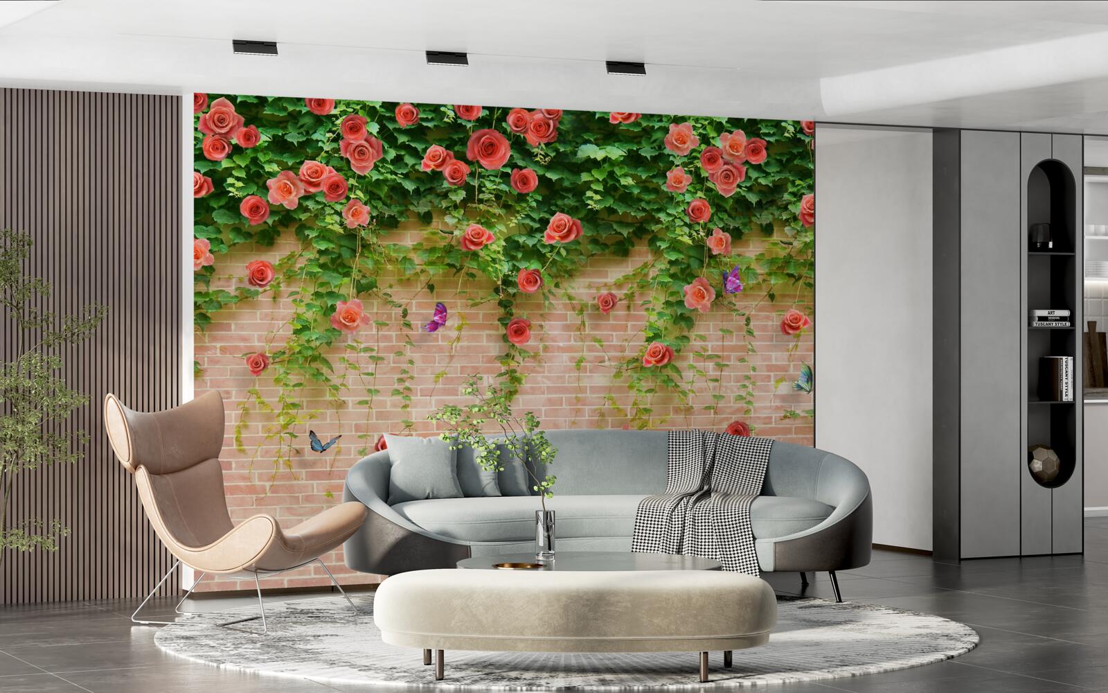 Fototapet flori purpurii pe un zid de cărămidă