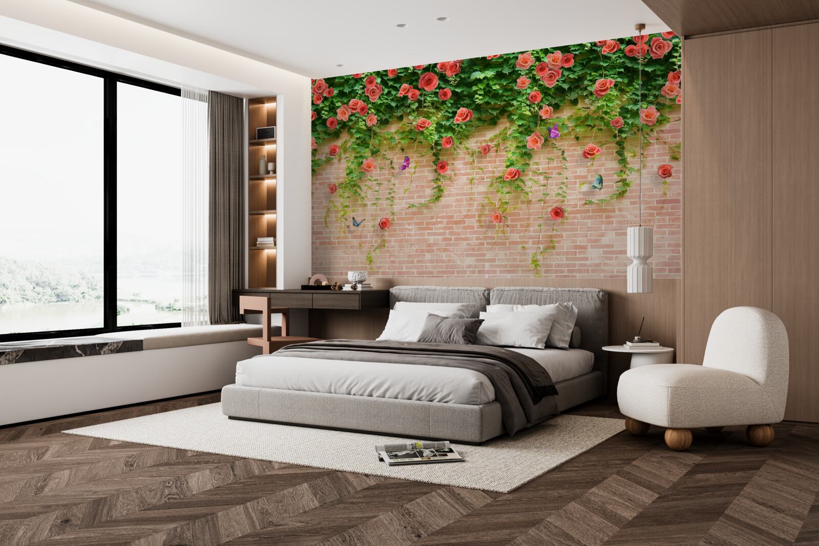 Fototapet flori purpurii pe un zid de cărămidă