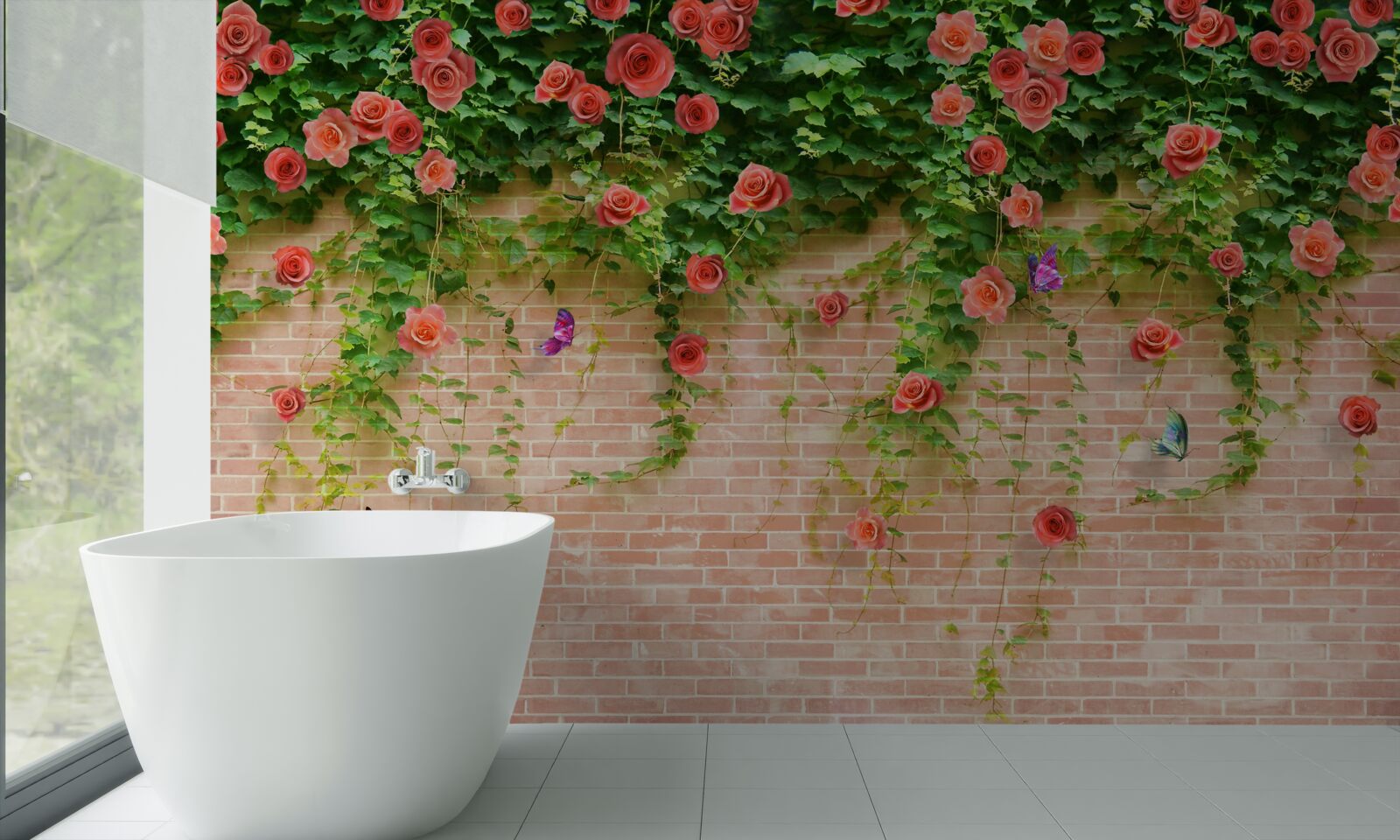 Fototapet flori purpurii pe un zid de cărămidă