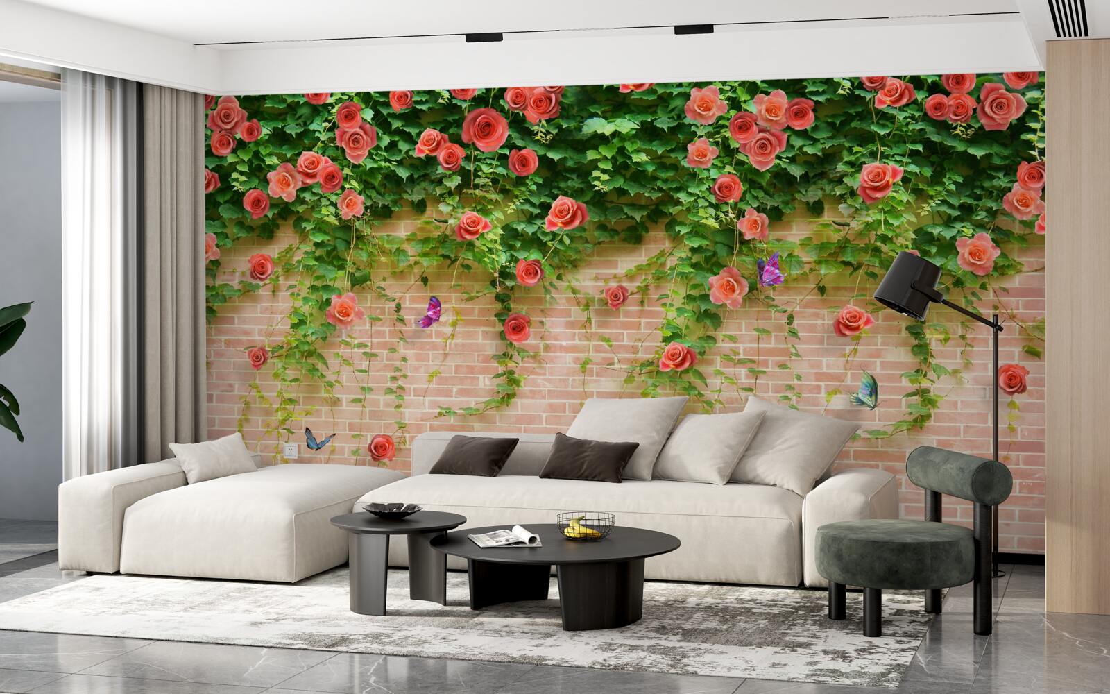 Fototapet flori purpurii pe un zid de cărămidă