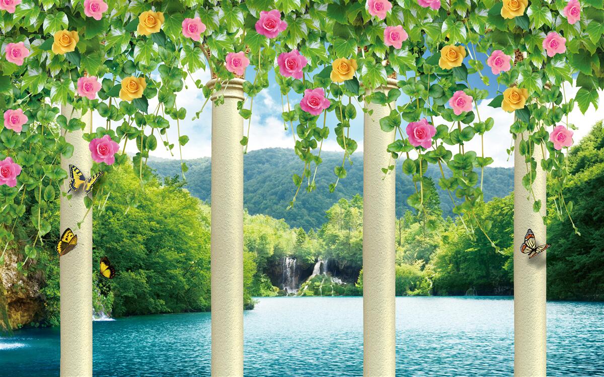 Fototapet vedere frumoasă a cascadei prin culorile florilor