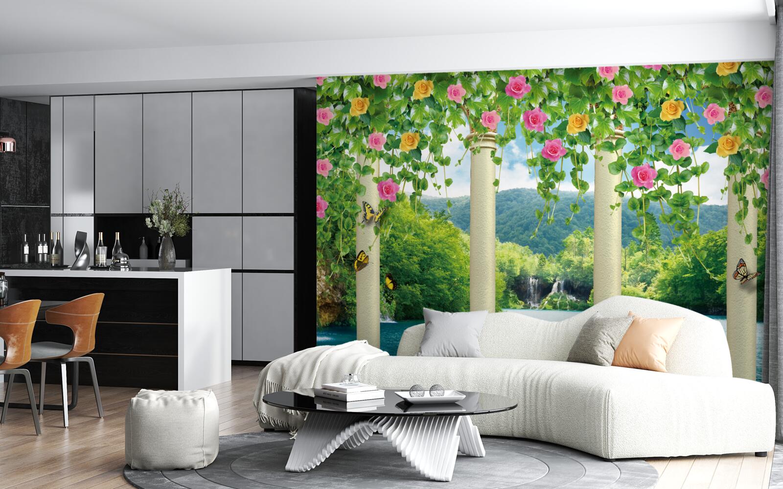 Fototapet vedere frumoasă a cascadei prin culorile florilor