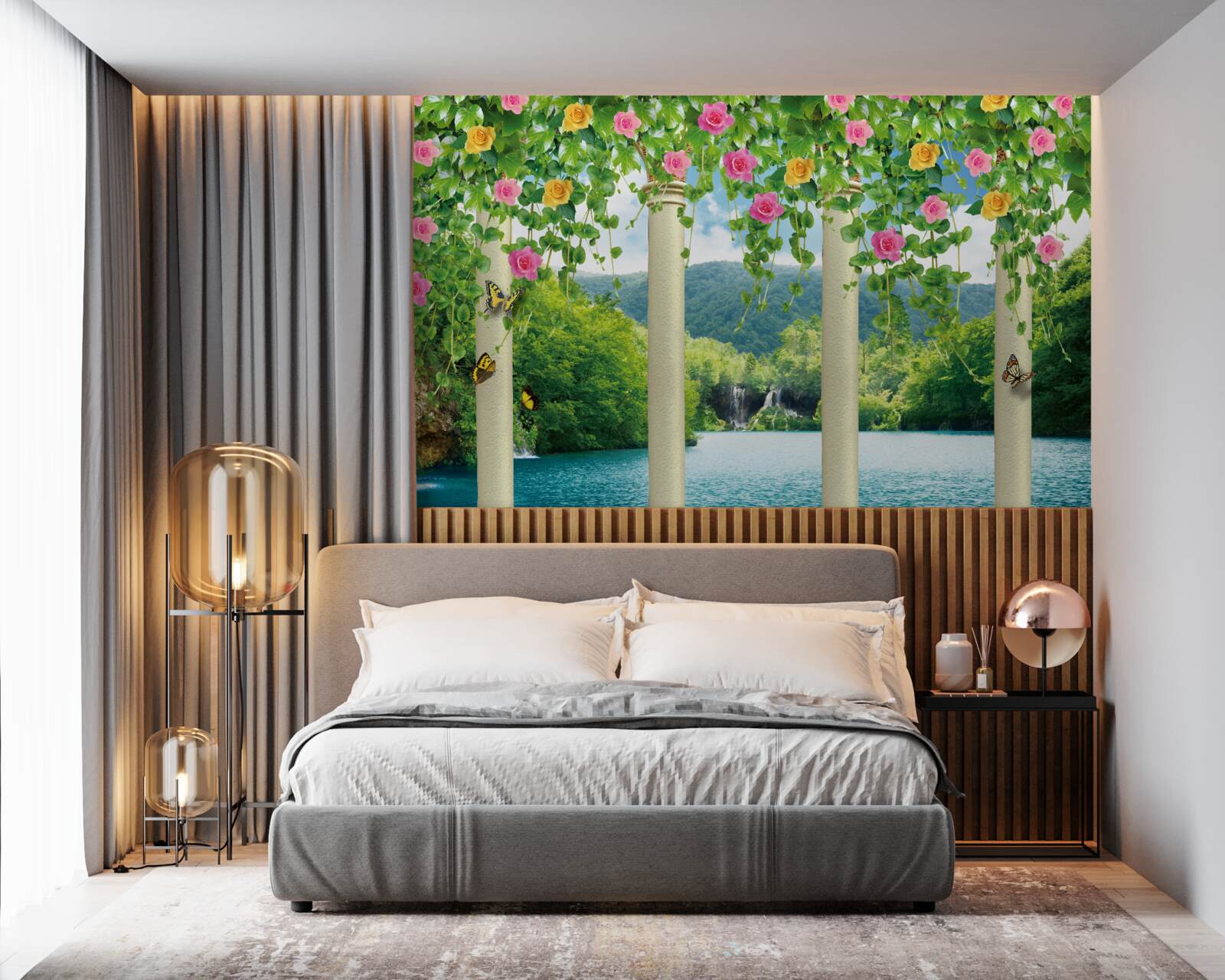 Fototapet vedere frumoasă a cascadei prin culorile florilor