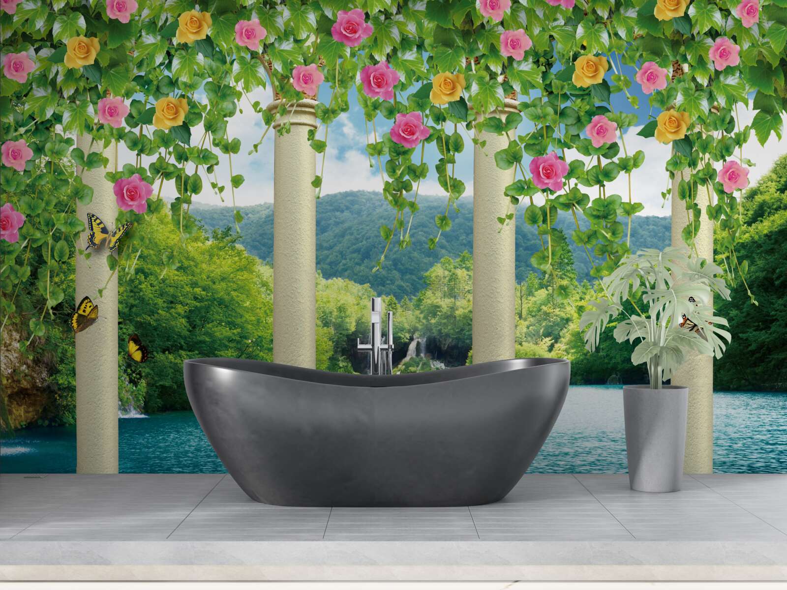 Fototapet vedere frumoasă a cascadei prin culorile florilor