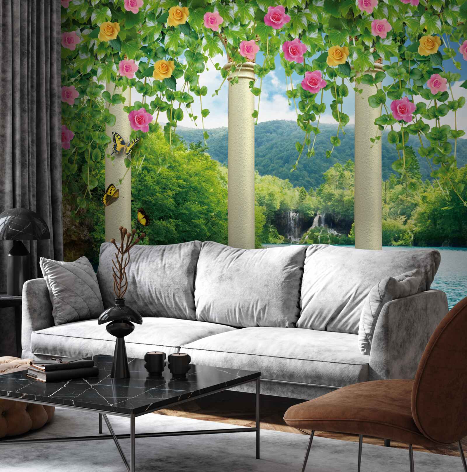 Fototapet vedere frumoasă a cascadei prin culorile florilor