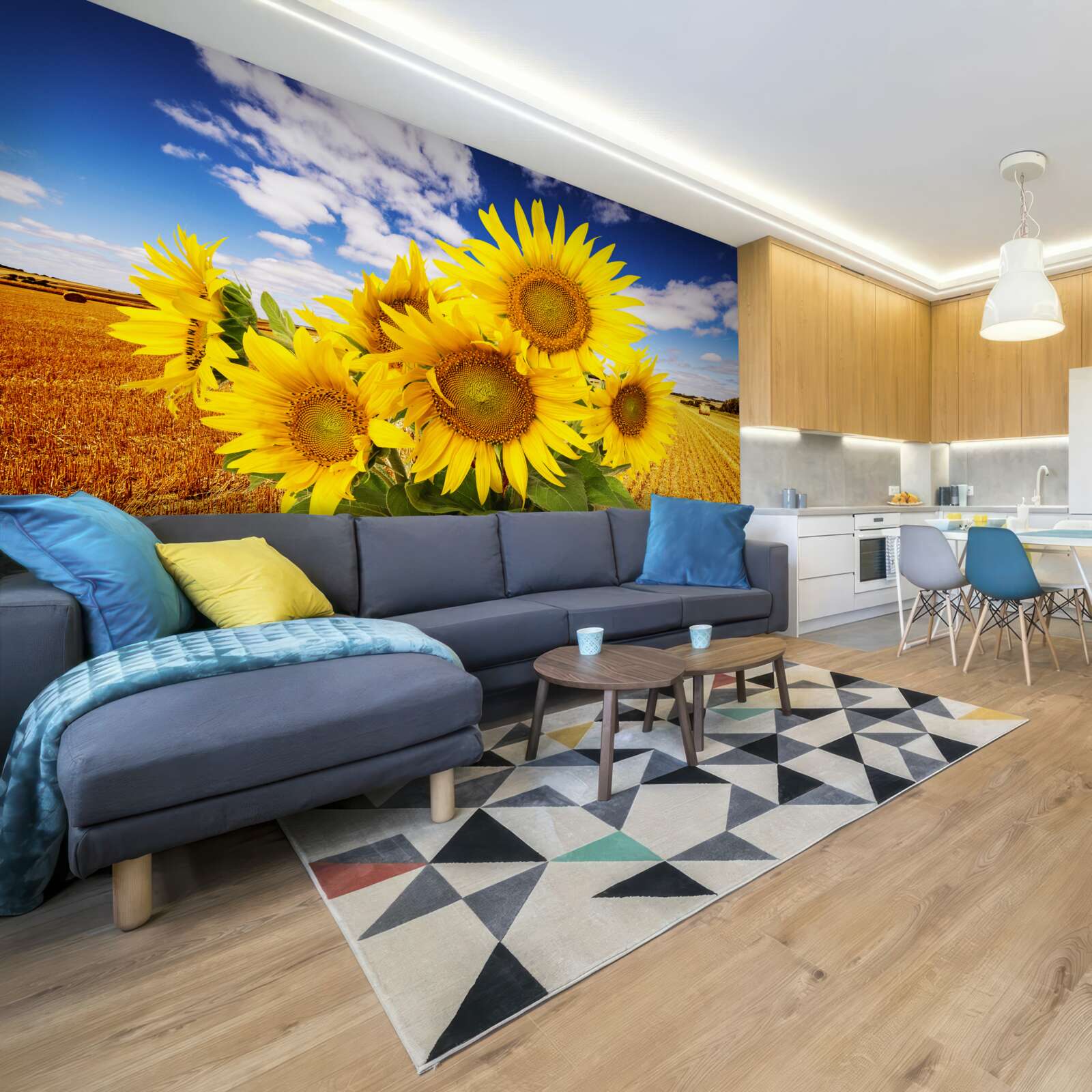 Fototapet un buchet de floarea-soarelui poate fi văzut în contrast cu cerul și un câmp de grâu